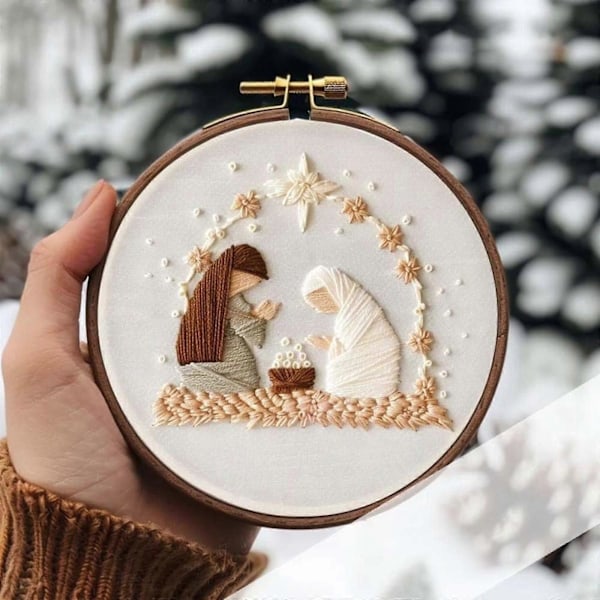 Broderikit med Julekrybbe - Julekorsstingsæt, Broderikit til Begyndere, Kristent Broderikit 4 Set