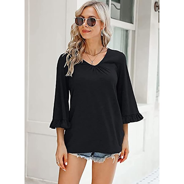 Dame Ensfargede Topper Casual V-hals Ruffle 3/4 Bell Erme Bluse Tunika Løs Skjorte Black A M