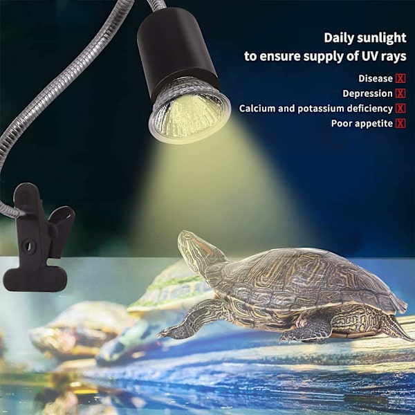 Akvarie Varmelampe Skildpaddelys med Klemme, 2 UVA UVB Pærer (50W), Justerbar Holder til Sollampe, Lyslampe Kæledyrsopvarmning Firben Slange Reptil Skildpadder