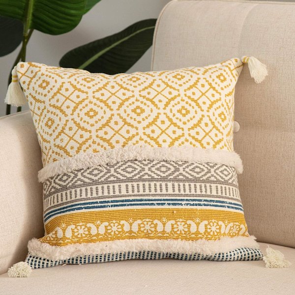 Boho Tuftade dekorativa kuddfodral för soffa - Modernt marockanskt örngott med tofsar, sovrum vardagsrum bilhotell, 18x18 tum Yellow
