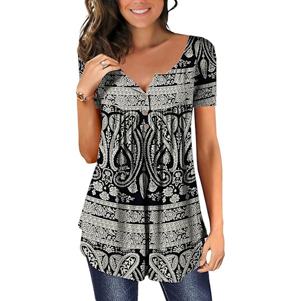 Dame Tunika Topper Ensfarget Plissert V-hals Knapper Bluse Blomstertrykte Damer Geometry S