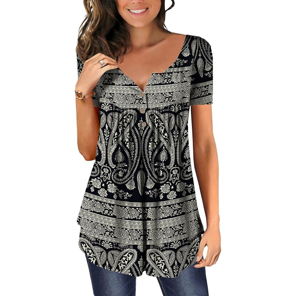 Dame Tunika Topper Ensfarget Plissert V-hals Knapper Bluse Blomstertrykte Damer Snowflake S