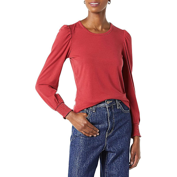 Langermet T-skjorte med rund hals og smockmansjetter for kvinner Dark Red XS