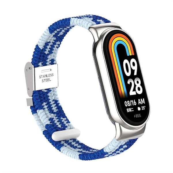För Xiaomi Smart Band 8 flätad nylon klockarmband justerbart spänne elastiskt band Blue White