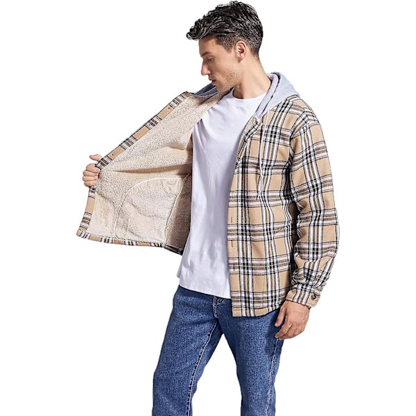 Rutete bomullsjakke for menn, fleeceforet flanellskjorte, Sherpa-jakke med knapper og hette for menn khaki L