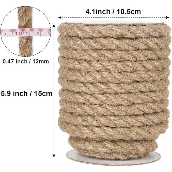 10 m 12 mm Hampetau, Kraftig Tau for Håndverk, Klorebrett for Katter, Bunting (Brun)