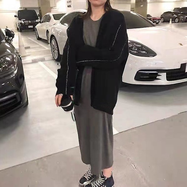 Multifarvet efterårs- og vinter afslappet og løs plus cardigan sweater frakke dame v-hals mid-længde sweater Black M
