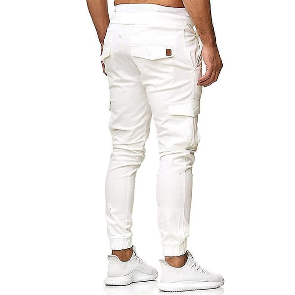 Herr Elastisk Midja Cargofickor Byxor Slim Fit Sport Combat Cuffade Byxor White XL