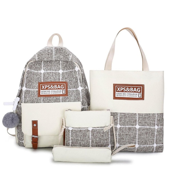 4 st/set skolryggsäckar för kvinnor, skolväska i canvas med prästkrage för tonårsflickor, studenter, collegebokväska, pojkar, axelväska, bolsas mochilas B light brown