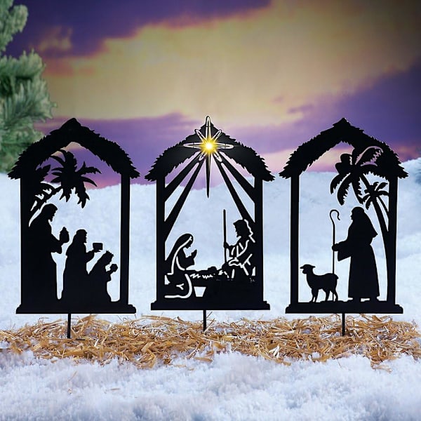 3-pack julskuggor, metall utomhus julkrubba silhuett trädgårdsskylt display, God Jul gräsmatta dekoration 3pcs