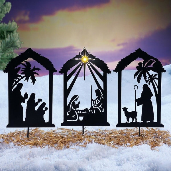 3pack Nativity Shadow Stakes, metall utomhus julkrubba Silhouette Yard Sign Display, Merry Christmas Lawn Decoration 3pcs