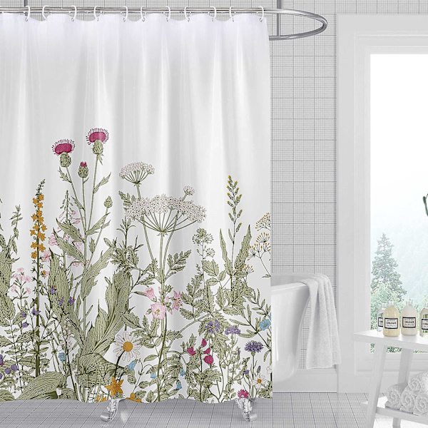 Rock Cloud Blommig Duschdraperi 180x200cm, Vattenfärg Blommor Tyg Badrums Gardiner Set Med Krokar Dekorativa Botaniska Blad Mönster Maskin Tvättbar