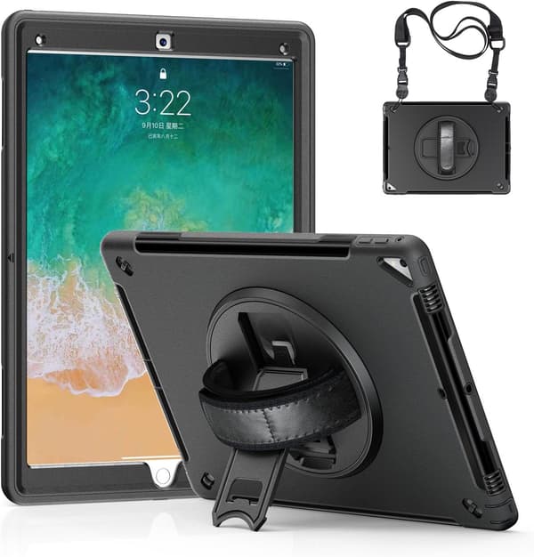 Etui til iPad Pro 12,9 tommer 2017/2015 (2. og 1. generasjon), [360 roterende håndstropp], robust TPU-beskyttelsesdeksel