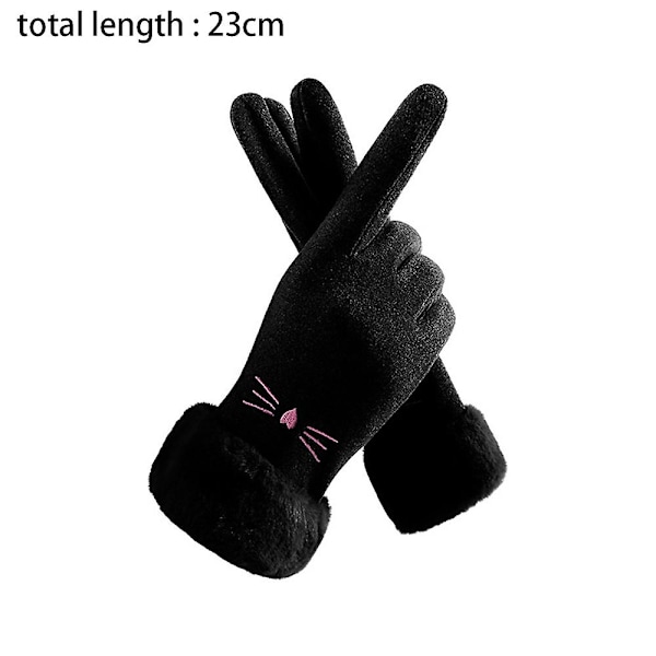 Vinterhandsker til damer med touch screen fingre til varm og tyk tekstning Cat face black