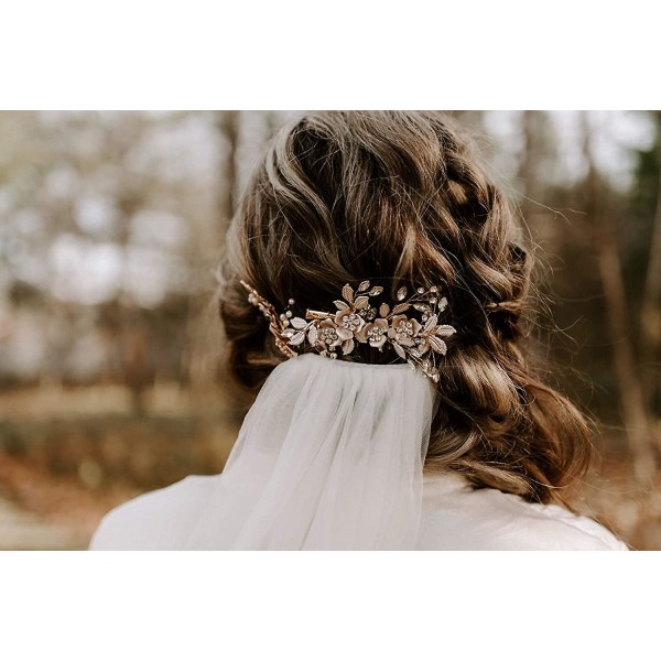 Ljus roséguld bröllopsklänning Rhinestone brudkam Barrette - Handgjorda blomsterklämma huvudstycken för kvinnor Light Rose Gold