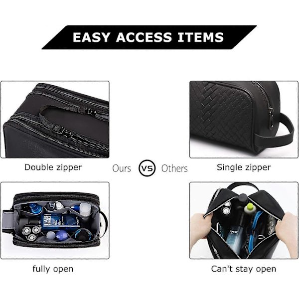 Toalettsak för Män Vattentät Rakning Dopp Kit Övernattning Tvålåda Kosmetikväska Badrum Toalettartiklar Organizer PU Läder (Svart)