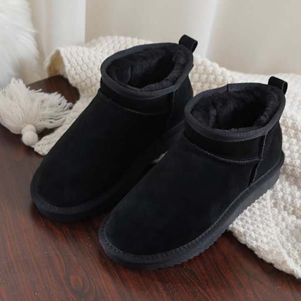Dame Ko Ruskind Læder Snestøvler Plysforet Varme Mini Anti-slip Udendørs Ankelstøvler til Kvinder black EU37