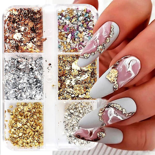 6 rum Farverige Neglekunst Folier Glitter Aluminium Flager Neglekunst Tilbehør Irregulær Guld Sølv Kobber Neglefolie Til Gel Polish Negledekorationer B