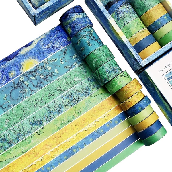 Washi- set med 12 rullar,van Gogh Starry Night Dekorativa gröna blad Blommor Blå Gul Washi Maskeringstejp-set för hantverk, barn, scrapbook, gör-det-själv, present