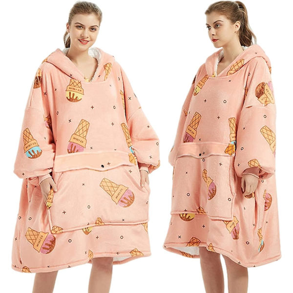 Överdimensionerad huvfilt tröja för kvinnor, tryck flanell sherpa filt stor ficka, supermjuk varm mysig bärbar tjock luvtröja One size passar till Al