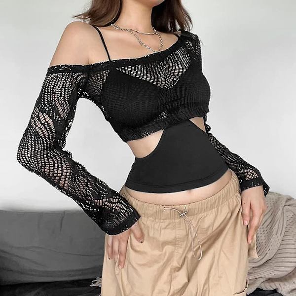 Dame Hul Ud Hæklet Strik Trøje Crop Tops Langærmet Trøje Cropped Style 6 M