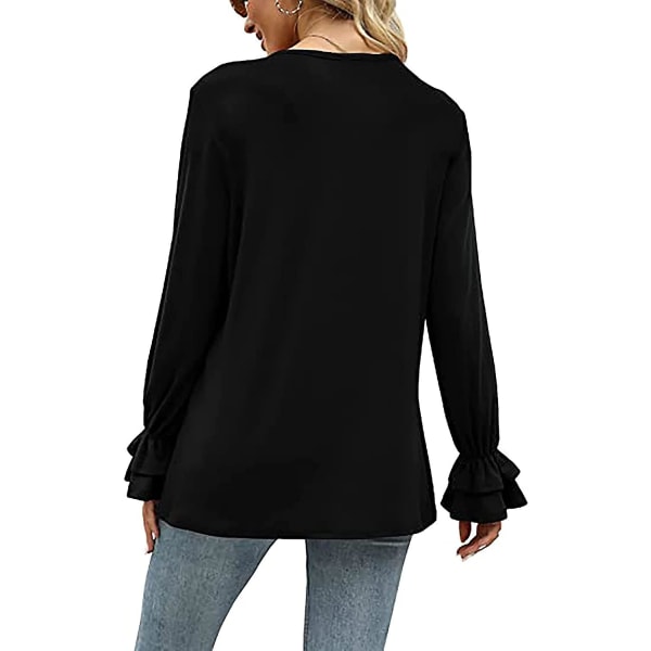 Naisten yksiväriset topit rento V-kaula röyhelö 3/4 kellohiha pusero tunikat löysä paita Black 1 XL