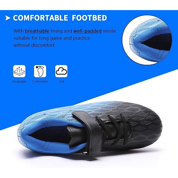 Fotballsko for barn, gutter og jenter, Fg/Ag baseballsko for ungdom, atletiske komfortable fotballsko for utendørs og innendørs bruk Black Blue EU34