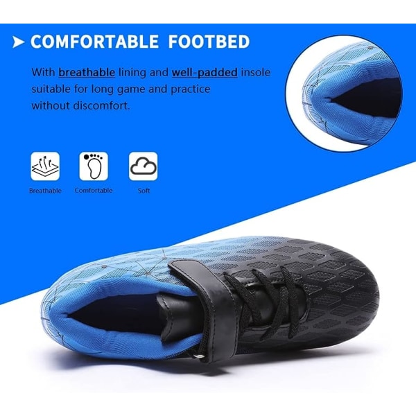 Fotballsko for barn, gutter og jenter, Fg/Ag baseballsko for ungdom, atletiske komfortable fotballsko for utendørs og innendørs bruk Black Blue EU37