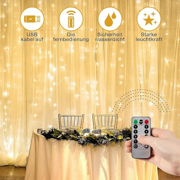 LED-ljusslingor, Ljusgardin 300 LED-lampor USB-gardinljusslinga med fjärrkontroll Timer för dekorativ inredningsbelysning Fyra färger Warm white