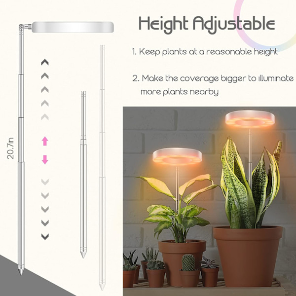 2 st växtlampor för inomhusväxter, LED liten växtlampa, höjdjusterbar ängelring växtväxande lampa, fullspektrum, automatisk timer