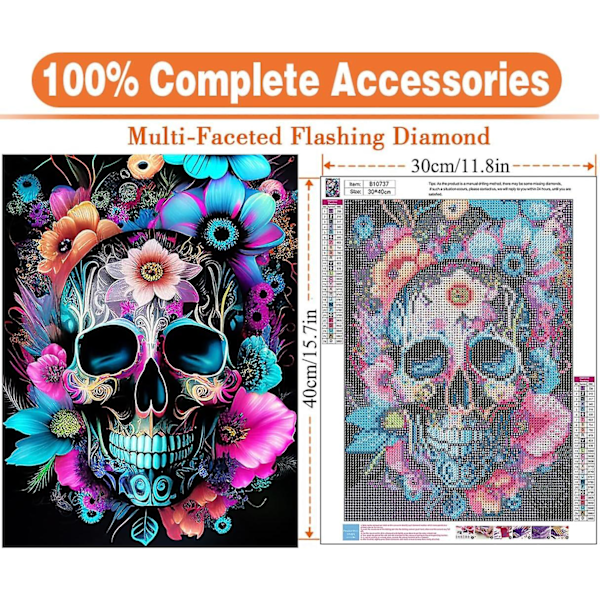 Skalleblomma Diamantmålning Kit för Vuxna, DIY Full Rund Borr 5D Full Borr Kristall Rhinestone Diamantkonst Kit, Diamantpunkter Gem Art Craft Hem