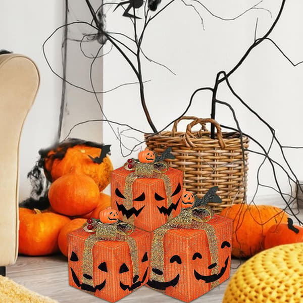 3-pack pumpadekorationer med LED-lampor batteridriven lykta presentförpackning Halloween utomhusgård