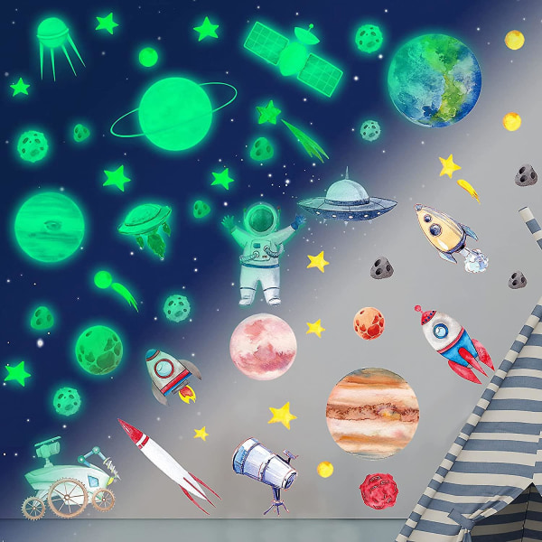 Glow In The Dark Planet Och Rymdsystem Sol System Väggdekaler, Glow In The Dark Stjärnor För Tak, Galaxy Astronaut Raket Rymdskepp Alien Väggdekaler F