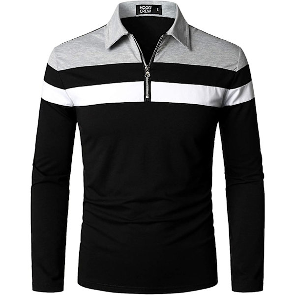Herr Casual Långärmad Polotröjor Kontrastfärg Patchwork Bomull Tee Toppar Black M