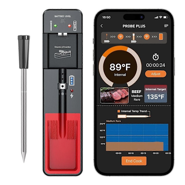 Trådlös Kötttermometer, Digital Mattermometer för Matlagning och Grillning, 360 ft Bluetooth Smart Kötttermometer, för Ugnssäker, Kök, Rökare