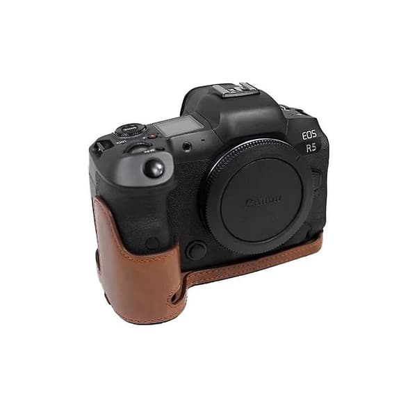 PU-läderkamerahölje för Canon EOS R5/R6/R62 Batteriöppning Flanellfoder Halv kroppsskydd Coffee