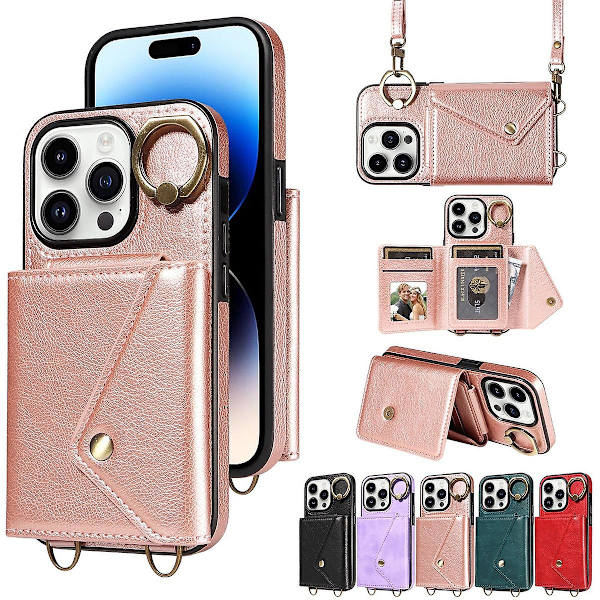 Plånboksfodral Kompatibel Med Iphone 15 Pro Max, Pu Läder Stötsäkert Fodral Med Axelrem, Ringhållare & Kortfack Rose Gold For iPhone 15 Pro Max