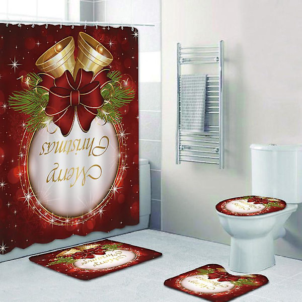 Sæt med 4 Merry Christmas bruseforhæng med skridsikker måtte, toiletlåg og bademåtte, juleklokke bruseforhæng med 12 kroge, julebad