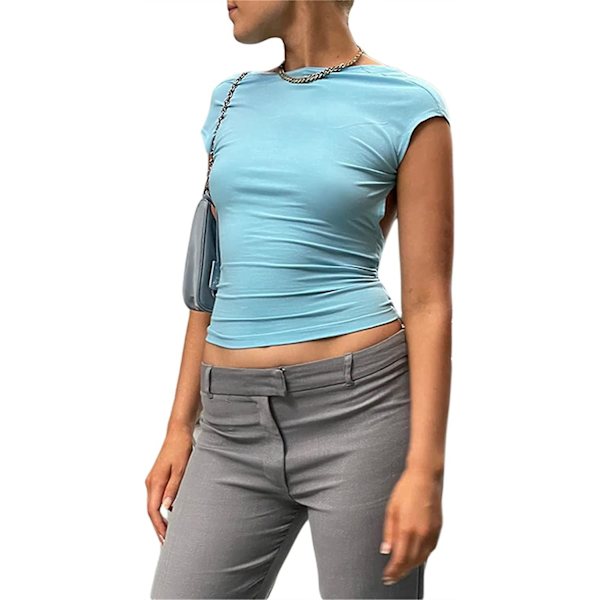 Dame Sexet Top med Udskæring i Ryggen Kortærmet T-shirt Y2k Mode Skjorter Blue S