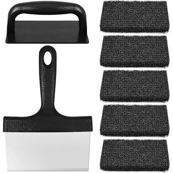 Rengjøringssett for stekebrett, stekebrettskrape i rustfritt stål med rengjøringsstein, brukervennlig skurepute for grill med håndtak, gjenbrukbart rengjøringsverktøy for grill