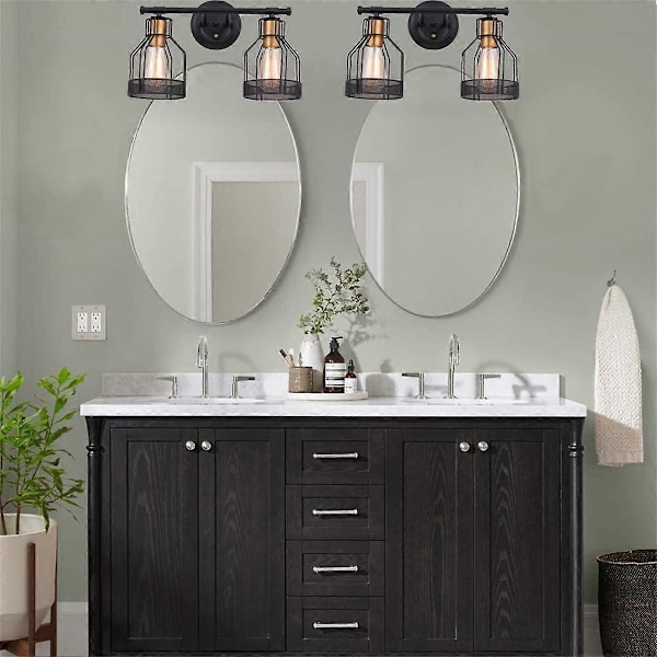 Retro industriell svart bur vägglampa för badrum - 3 lampor - Metall - För badrum - 2 huvuden A
