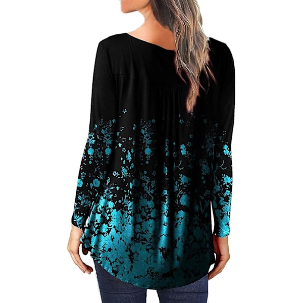 Dame Tunika Topper Ensfarget Plissert V-hals Knapper Bluse Blomstertrykte Damer Mixblack L