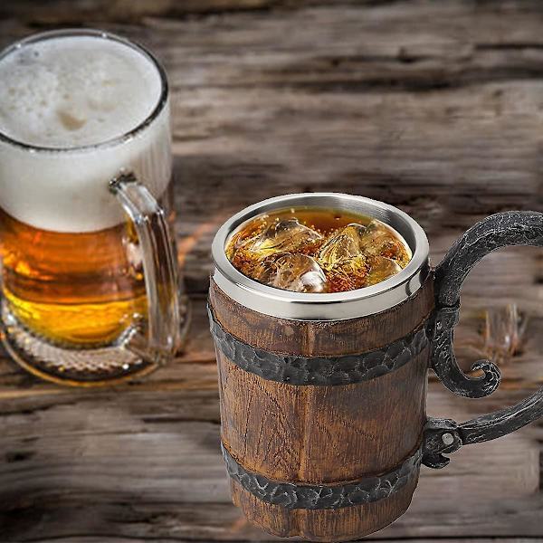 Håndlaget Ølkrus i Treformet Tønne, Bøtteformet Drikkekar med Håndtak, Dobbeltvegget Cocktailkrus i Rustfritt Stål