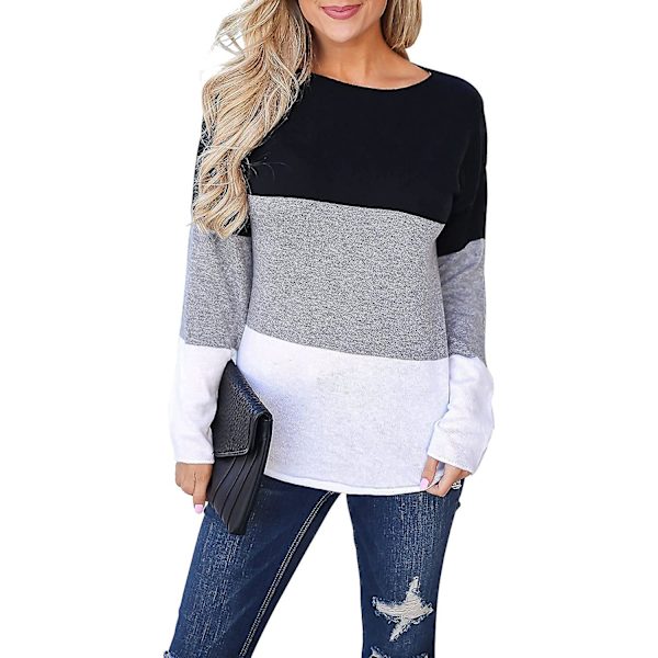 Dame Langærmet Toppe Afslappet Rund Hals T-shirts Stribet Albue Patchwork