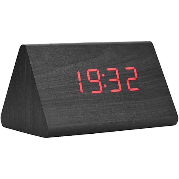 LED Digital Väckarklocka, 3 Alarminställningar 12/24H Temperatur Datumvisning Stora Siffror Träklocka för Sovrum Kontor Inbyggt DC6V/500MA Batteri