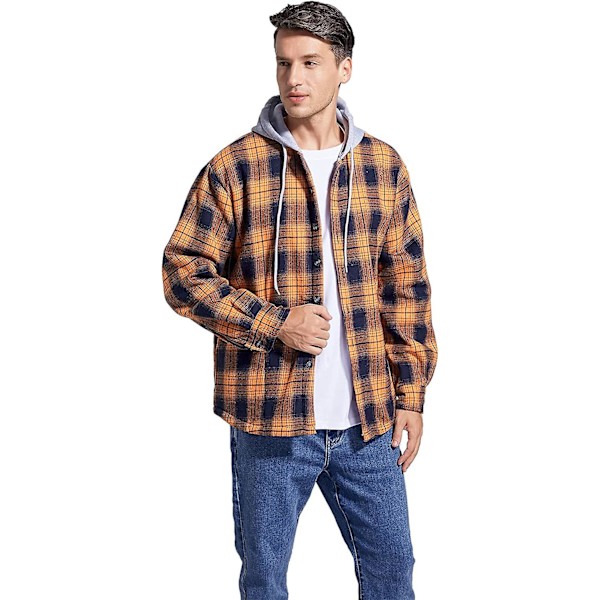 Rutete bomullsjakke for menn, fleeceforet flanellskjorte, Sherpa-jakke med knapper og hette for menn orange L