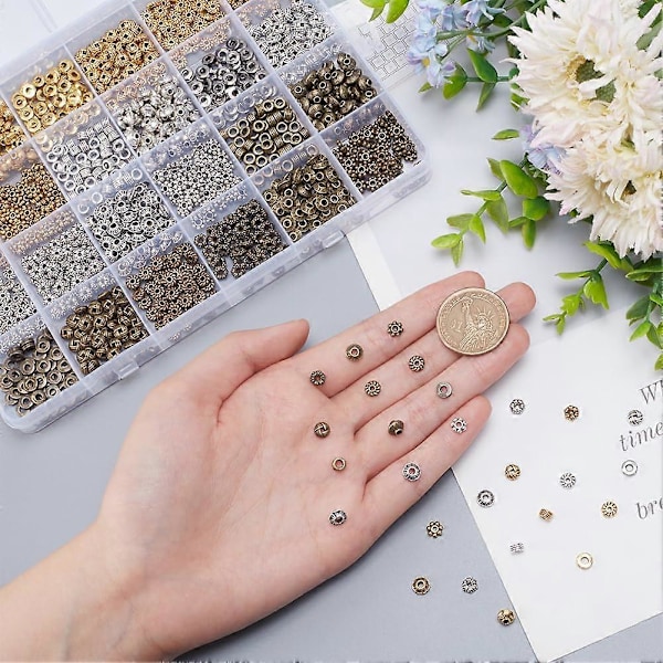 1200 stk. Metal Spacer Perler 24 Stilarter Tibetanske Metal Legerings Perler Bicone Flad Rund Søjleform Blomster Spacere Løse Perler til Armbånd Halskæde Smykker