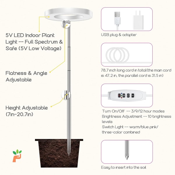 2st Grow Light för inomhusväxter, LED Small Grow Light, höjdjusterbar ängelring Växtlampa, Full Spectrum, Automatisk timer