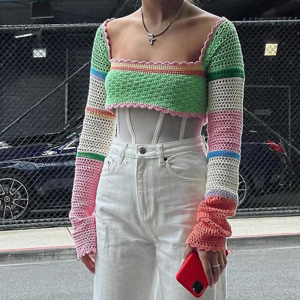 Heklet, hul strikket genser for kvinner, crop tops, langermet genser, cropped Style 2 XL