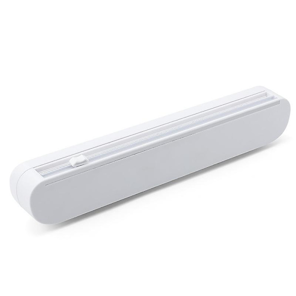 Med skyvekutter, matfoliekutter, gjenbrukbar plastfoliekutterdispenser, dobbel elastisk spenne, justerbar lengde for aluminiumsfolie, plastfolie